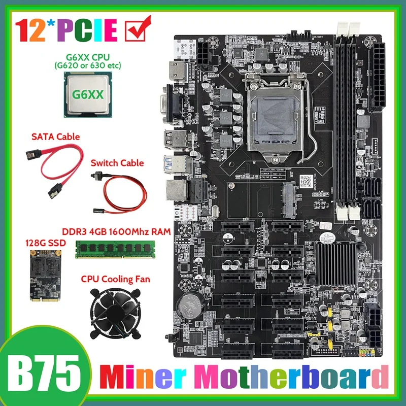 B75 12 PCIE ETH дънна Платка за майнинга + ПРОЦЕСОР G6XX + 4 GB DDR3 1600 Mhz RAM памет + 128 Г SSD + Вентилатор + Кабел SATA + Кабел превключвател на дънната Платка Майнера Изображение 0