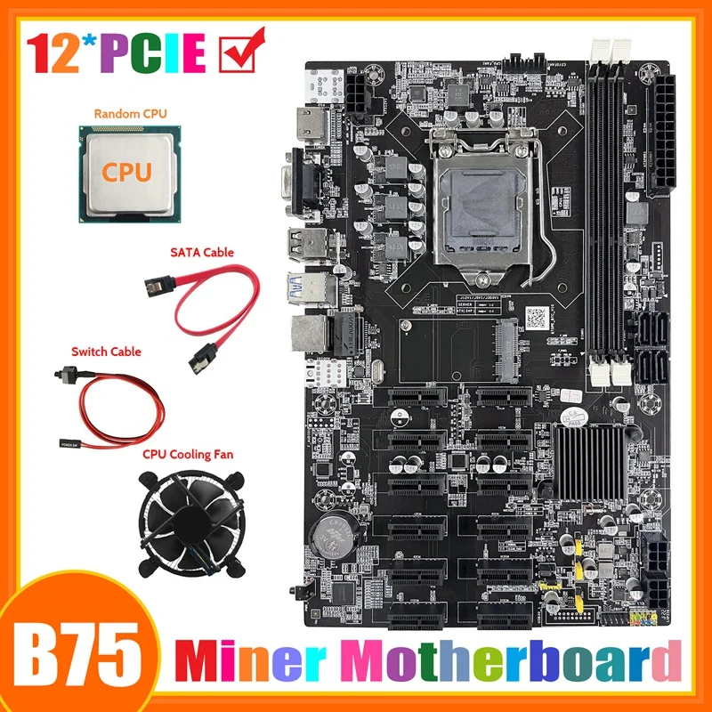 Дънна платка за майнинга B75 ETH 12 PCIE + Случаен процесор + Вентилатор + Кабел SATA + Кабел превключвател LGA1155 MSATA DDR3 дънна Платка B75 БТК Миньор Изображение 0