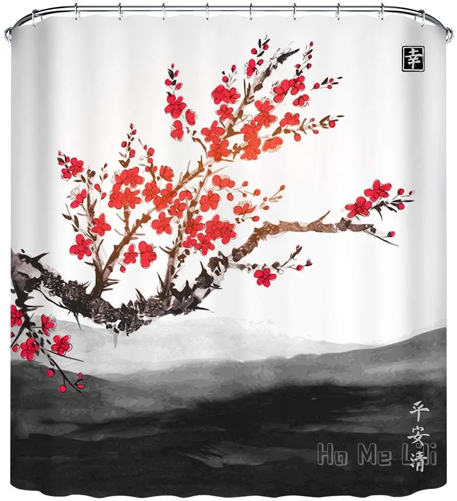 Японски Пролетта Черешовите Цвете Азиатския Аниме Източна Китайска Живопис Туш Завеси За Душ Водоустойчива С Куки Изображение 0