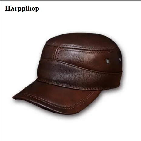 2020 нов мъжки военна шапка от естествена кожа, шапка Harppihop, нова мъжка шапка от естествена кожа за възрастни, обикновена регулируеми армейските шапки/шапки s мода Изображение 1