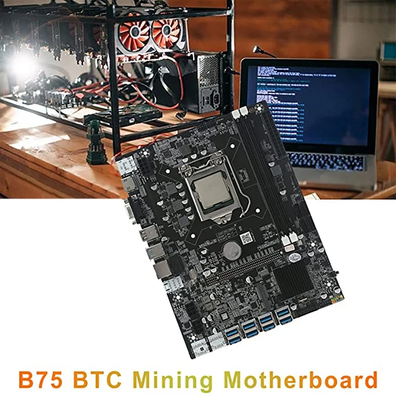 B75 8 карти БТК дънна Платка за майнинга + случаен процесор + Вентилатор за охлаждане + термопаста 8 USB3.0 (PCIE) слотове за графичен процесор LGA1155 DDR3 RAM SATA3.0 Изображение 1