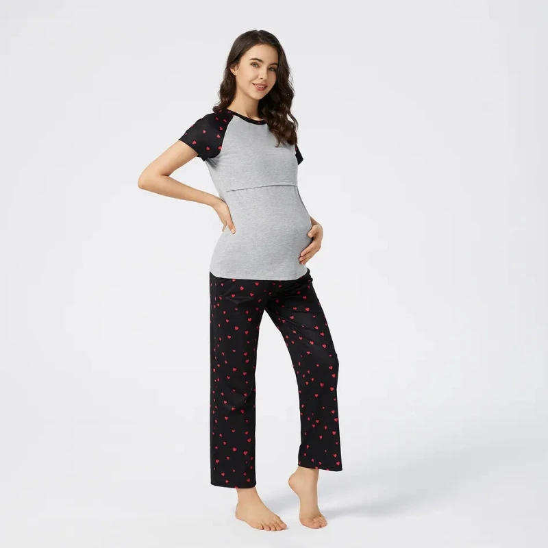 Нощница за бременни 2022 Лятна Пижама За Кърмене на Бременни Жени Топ С Къс Ръкав + Къси Комплекти Дрехи За Бременни Изображение 1