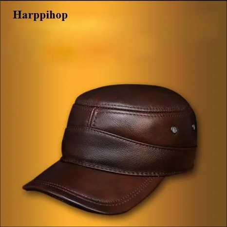 2020 нов мъжки военна шапка от естествена кожа, шапка Harppihop, нова мъжка шапка от естествена кожа за възрастни, обикновена регулируеми армейските шапки/шапки s мода Изображение 2