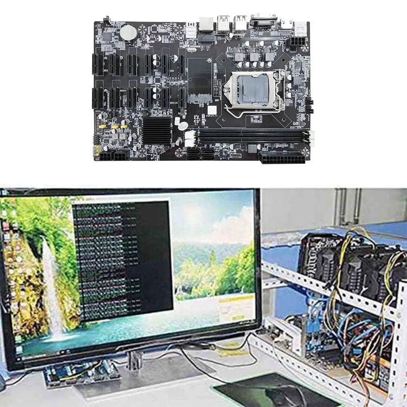 Дънна платка за майнинга B75 ETH 12 PCIE + Случаен процесор + Вентилатор + Кабел SATA + Кабел превключвател LGA1155 MSATA DDR3 дънна Платка B75 БТК Миньор Изображение 2