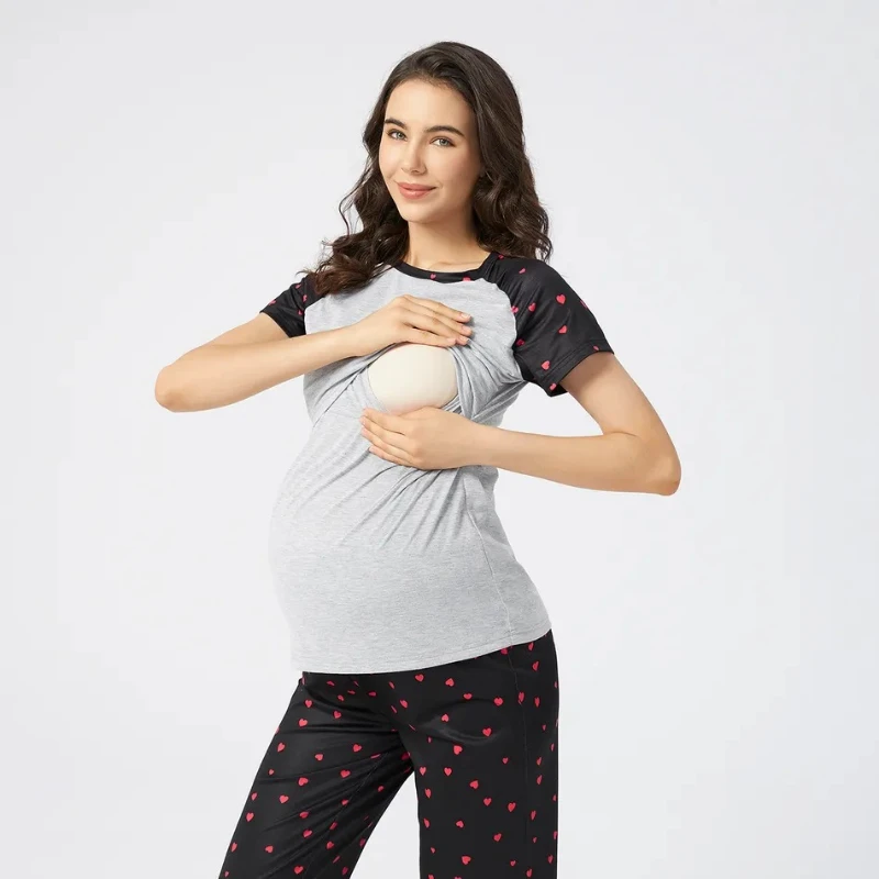 Нощница за бременни 2022 Лятна Пижама За Кърмене на Бременни Жени Топ С Къс Ръкав + Къси Комплекти Дрехи За Бременни Изображение 2