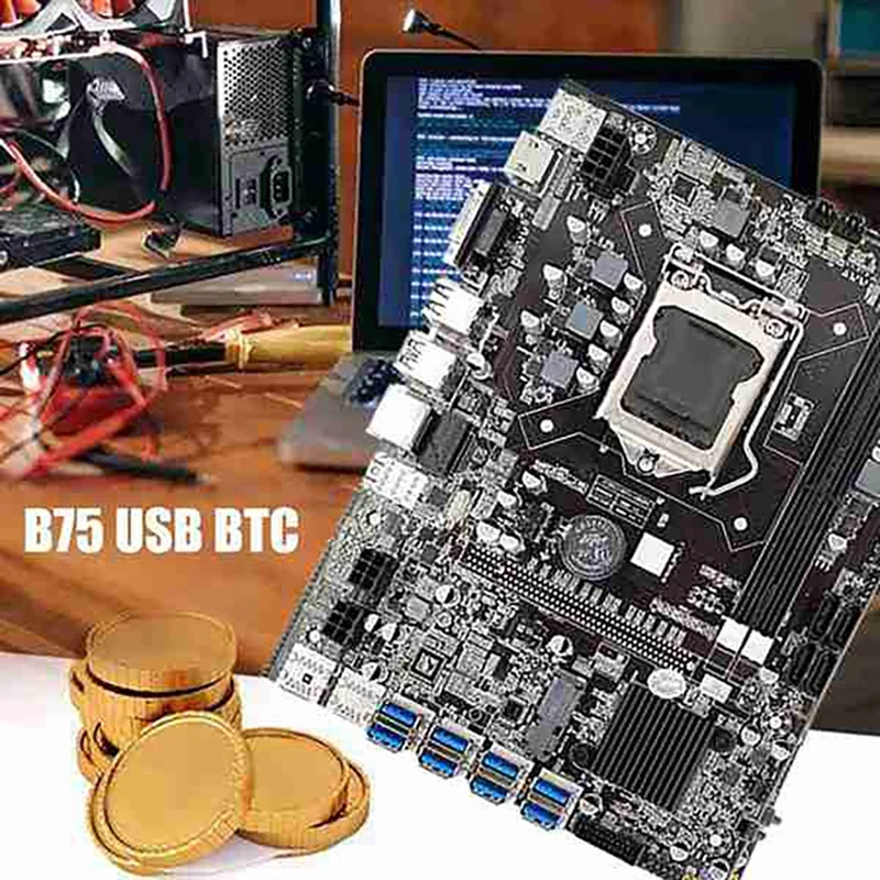 B75 8 карти БТК дънна Платка за майнинга + случаен процесор + Вентилатор за охлаждане + термопаста 8 USB3.0 (PCIE) слотове за графичен процесор LGA1155 DDR3 RAM SATA3.0 Изображение 4