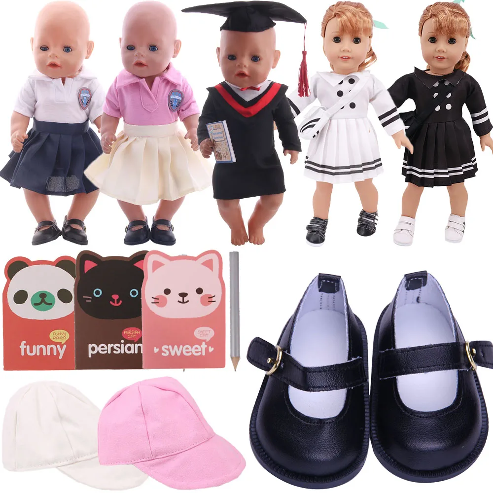 Облекло за кукли 4 предмета = Училищни униформи + бейзболна шапка + Тетрадка + Обувки За 18 инча и 43 см, Аксесоари за кукли Реборн, подаръци за деца Изображение 0