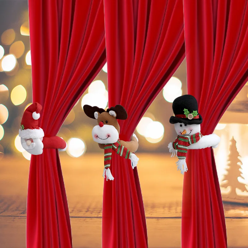 Празничен коледен завеса обтегач вратовръзка Дядо Коледа, снежен човек лосове сцена търговски център декориране на прозореца карикатура кукла Изображение 1