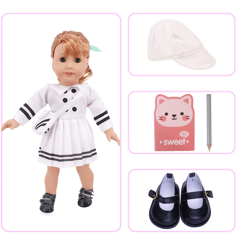 Облекло за кукли 4 предмета = Училищни униформи + бейзболна шапка + Тетрадка + Обувки За 18 инча и 43 см, Аксесоари за кукли Реборн, подаръци за деца Изображение 2